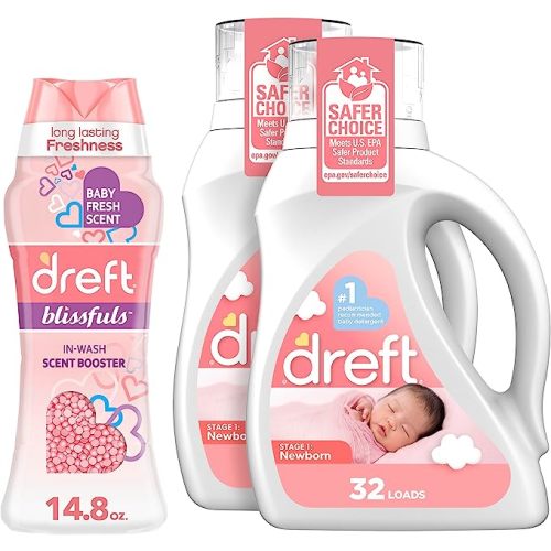 Dreft Stage 1: Newborn Hypoallergenic Baby Laundry Detergent Liquid Soap, 64 Total Loads, 46 Ounce (Pack of 2), & Dreft Blissfuls Laundry Scent Booster Beads for Washer, Baby Fresh Scent, 14.8 oz - Laundry Detergent and Scent Booster Bundle