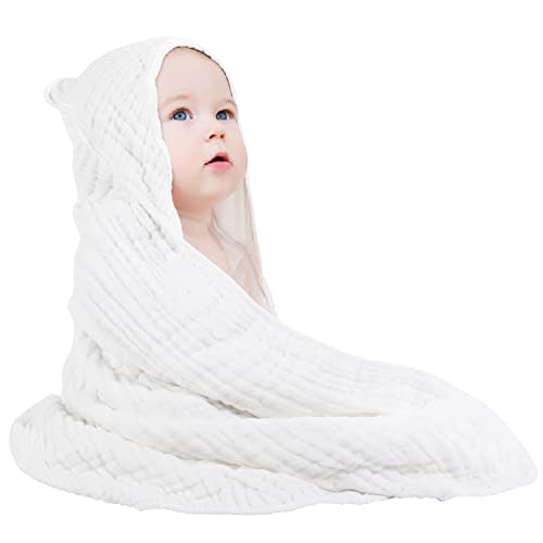 Yoofoss Baby Bath Towel 100% Muslin Cotton Hooded Baby Towels Large 32x32Inch Soft and Absorbent for Babie, Infant and Toddler, Newborn Essential for Boys Girls (White)