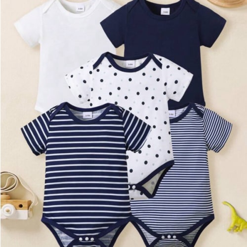 BrownBark 5pcs Set Baby Boys' Short Sleeve Rompers, Cute Newborn Infant Casual Sports Outfits, Comfortable Summer Gift