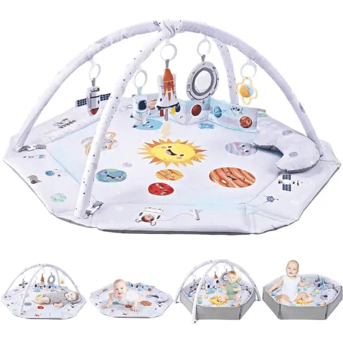 Baby Gym Play Mat,7-in-1 Tummy Time Mat & Ball Pit with 6 Toys,Washable Baby Activity Play Mat for Sensory and Motor Skill Development Language Discovery,Baby Toys Gift for Toddler Infant