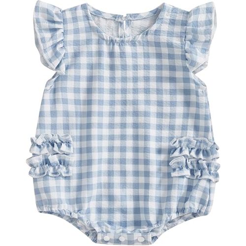 Cute Newborn Baby Girl Romper Plaid/Daisy Print Fly Sleeve Crew Neck Ruffle Bodysuit Spring Summer Clothes