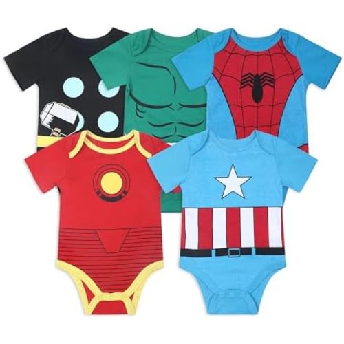 Marvel Avengers Baby Boys 5 Pack Short Sleeve Bodysuit for Newborn and Infants