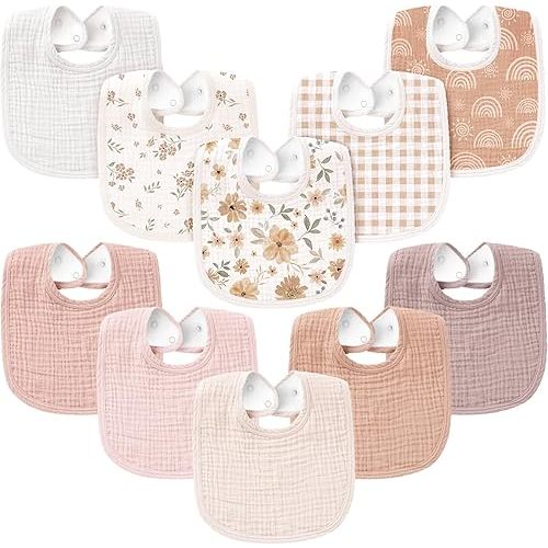 Konssy 10-Pack Muslin Baby Bibs, Soft Cotton Bandana Bibs for Drooling & Teething, Unisex Solid Colors for Boys & Girls, Newborn & Infant