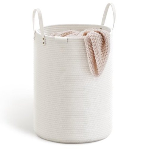 SOJERKI Cotton Woven Rope Laundry Hamper，30L Storage Decorative Laundry Basket for Blankets,Dirty Clothes,Toys,Plant Pot-White PU