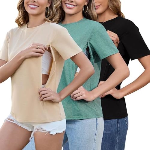 Ecavus Women's 3-Pack Nursing Shirts for Breastfeeding with Hidden Zippers Loose Fit Maternity Tops