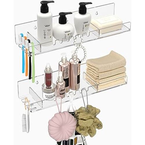 Acrylic Bathroom Shelves Organizer with Hooks Set of 2, No Drilling Design, Clear Floating Shelf for Shower Caddy, Wall Mounting Storage Shelves for Toiletries, Towels, Necklace, Soap