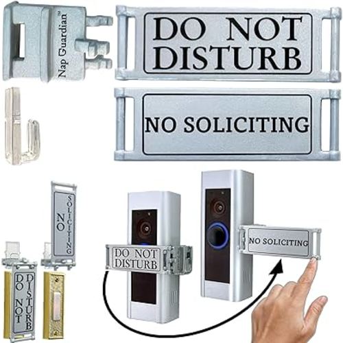 Fits Any Doorbell, Rotates-a Dual Purpose Sign-DO NOT DISTURB and NO SOLICITING combined Easy install no tools or mods needed Slides on off a clear hook Blocks video or standard buttons Invented 2024