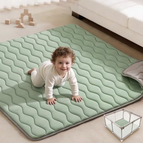 Blissful Diary Baby Play Mats for Floor, 59x59 Inch Thicker and Larger Soft Cushioning Foam Playmats for Babies and Toddlers, Foldable Washable Baby Playpen Mat, Sage Green