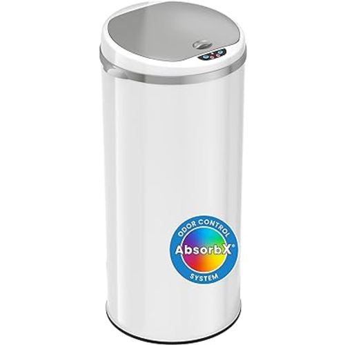 iTouchless 13 Gallon Trash Can with Odor Filter, Round White Stainless Steel Trashcan Garbage Bin for Home Office Work Bedroom Living Room Garage Large Capacity Slim Wastebasket
