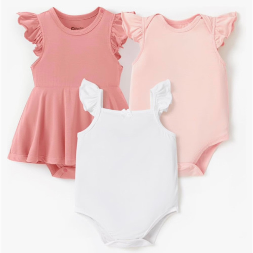 PATPAT Baby Girl Bodysuits - Soft Bamboo Viscose - Flutter Sleeves Cute Dress - Newborn Infant Summer Clothes - 3 Pack