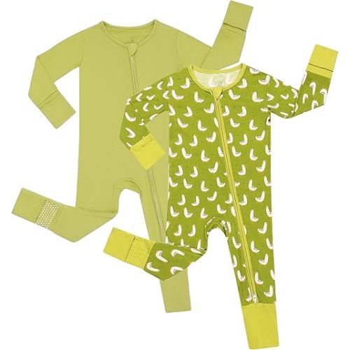 JunNeng 2Pcs Baby Rayon from Bamboo Sleeper with Mitten Cuffs, Footless Zipper Cozy Pjs, Non-Slip Soles Romper