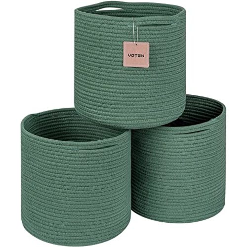 voten Storage Cubes Baskets Bins Organizer 11x11x11'' Fit 12x12''Cube Storage Organizer Bookcases Shelf,Durable Woven Cotton Storage Basket for Organizing,Round 3Pack Green