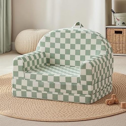 Blissful Diary Foldable Toddler Couch, 2-in-1 Comfy Toddler Chair & Lounger for Reading, Nap, Playroom, Kids Couch Sofa for Girls Boys Birthday Gift, Sage Checkered