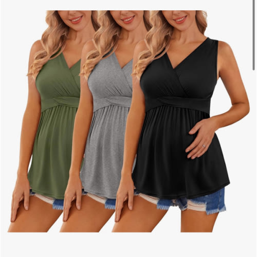 Ekouaer Women's Maternity Tank Tops 3 Packs Sleeveless Nursing Tops V Neck Breastfeeding Shirts Pregnancy Clothes