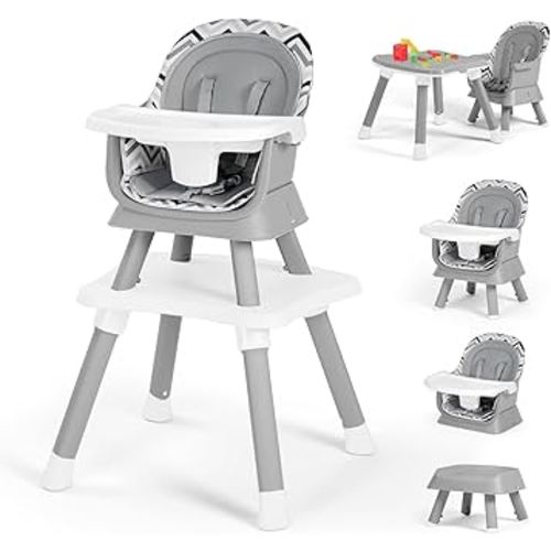 Kinder King 8 in 1 Baby High Chair, Coverts to Dining Booster Seat/Kids Table & Chair Set/Toddler Building Block Table/Kids Stool, Removable Tray & Double Seat Cover, Easy to Wipe, Wavy Grain