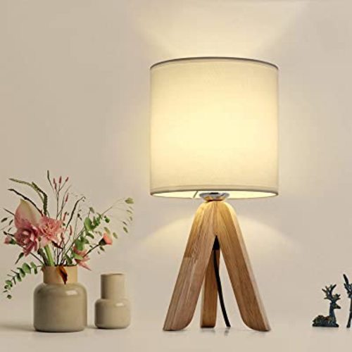 HAITRAL Small Bedside Table Lamp - Wooden Tripod Nightstand Lamp for Bedroom, Living Room, Office, Farmhouse, Home with Fabric Shade, White