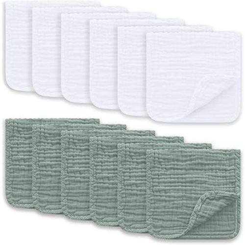 Muslin Burp Cloths Large 100% Cotton Hand Washcloths for Boys & Girls, Baby Essentials Extra Absorbent and Soft Burping Rags for Newborn Registry (White & Green, 12-Pack, 20" X10")