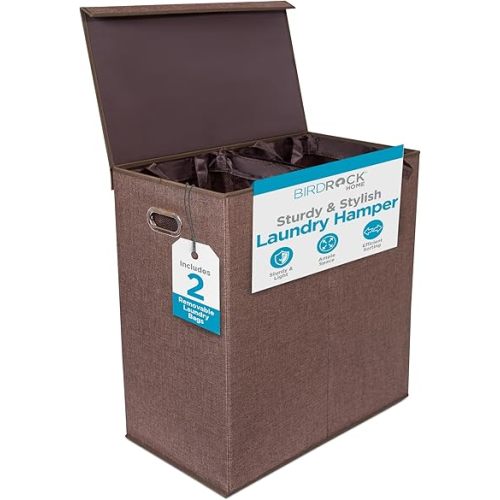 BIRDROCK HOME Laundry Hamper with Lid | Removable Bags for Sorting Clothes | Sectioned Laundry Basket for Bedroom & Bathroom | Collapsible Storage Bin with Cover | Double, Brown