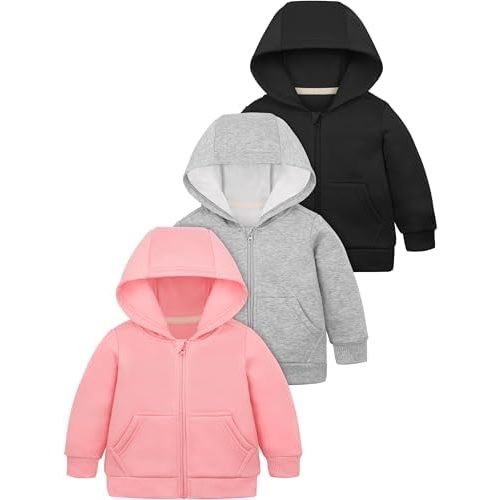 Cooraby 3 Pieces Baby and Toddler Girls Fleece Full-Zip Hoodies Lightweight Jacket with Pockets Winter Coat for Baby Girls