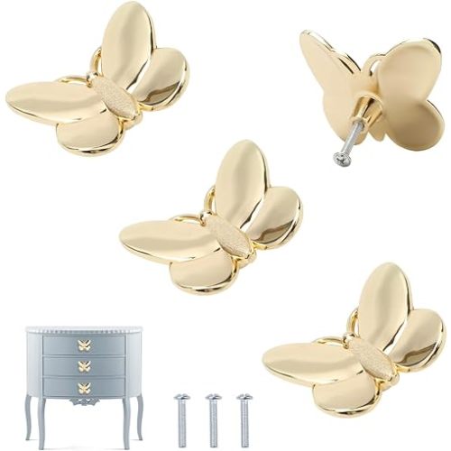 Gold Butterfly Cabinet Knobs Kitchen Hardware for Cabinets Cute Animal Dresser Knobs Furniture Cupboard Handles Single Hole Drawer Knobs and Pulls 4 Pcs (Gold)