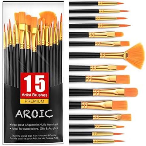 AROIC Acrylic Paint Brush Set,1pack/15pcs Nylon Hair Acrylic Painting Brush,Watercolor Rock Face Painting Brush, Artist Craft Brush Supplies, Paint Brush Set for All Purposes Children Adult painting.
