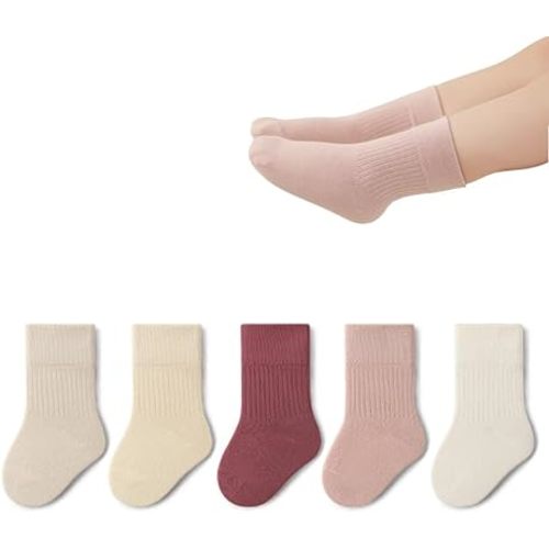 Toddler Crew Cotton Socks Unisex Baby Boy/Girl Solid Socks Infant Kids School Uniform Neutral Socks,5 Pairs
