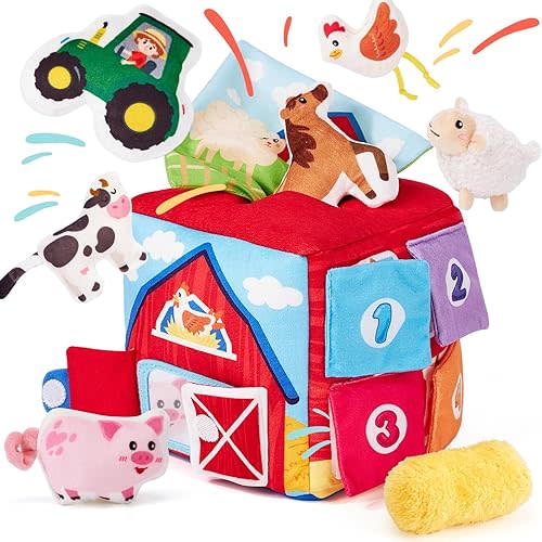 hahaland Baby Seek and Find Sensory Farm Animls Plush - 13 PCS Whats Inside Box with Rattle, Crinkle, Squeaker, Mirror, Texture, Montessori Toys for 1 Year Old Gifts, 9 10 11 12-18 Month Old Baby Toys