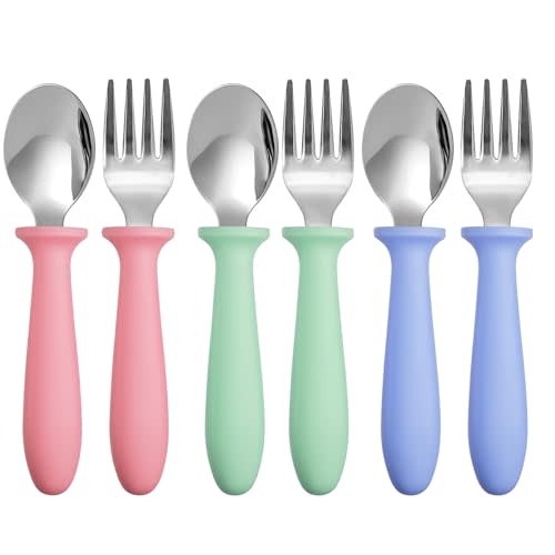 Pimoys 6 Pieces Toddler Utensils Forks and Spoons,Kids Silverware Set with Plastic Handle Stainless Steel Toddler Silverware,Dishwasher Safe