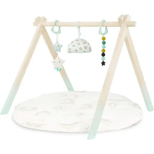 B. toys- B. baby- Wooden Baby Play Gym – Activity Mat – Starry Sky – 3 Hanging Sensory Toys – Natural Wood – Babies, Infants