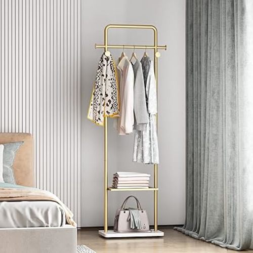 TIEOU Gold Clothes Rack with Shelf, Gold Clothing Racks for Boutiques, Free-Standing Garment Rack for Hanging Clothes,Gold Coat Rack, Small Metal Clothes Rack Heavy Duty, Industrial Clothing Rack Gold