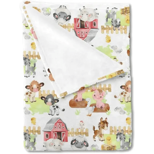 HawSkgFub Farm Life Barn Animals Baby Blanket Boy Girl Shower Gift, Cow Chicken Pig Sheep Flannel Fleece Nursery Bed Receiving Swaddle, Soft Lightweight Newborn Toddler Infant Kid Crib Bedding 30 x 40