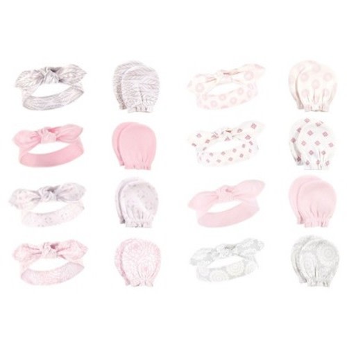 Hudson Baby Infant Girl 16Pc Cotton Headband and Scratch Mitten Set, Gray Feather Lace Medallion, 0-6 Months