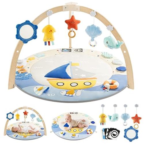 Baby Play Gym Activity Mat, 5 Developmental Zones Wooden Tummy Time Mat with 7 Detachable Sensory Toys for Motor Skills & Sensory Development, Baby Essentials Shower Gift, Easy to Install