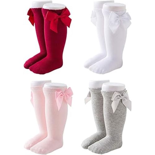 CozyWay Baby & Toddler Knee High Bow Socks For Baby Girls Infant -Multi Color - 4 Pack