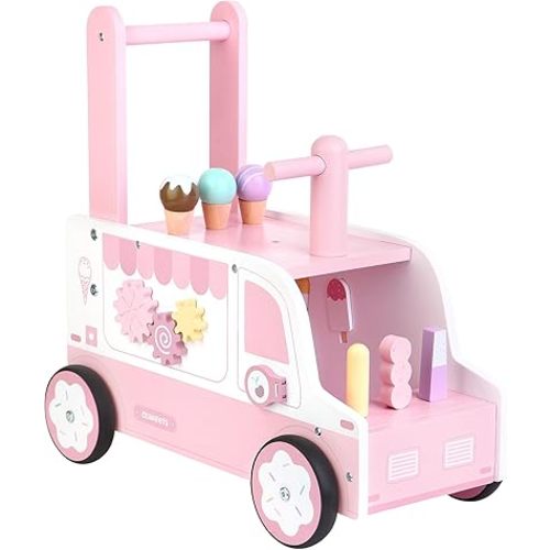 Asweets Wooden Baby Push and Pull Walker with Wheels, Learining Acticity Walker for Boys & Girls, Multiple Activities Center, Develops Motor Skills & Stimulates, 17.3''L x 9.1''W x 18.1''H