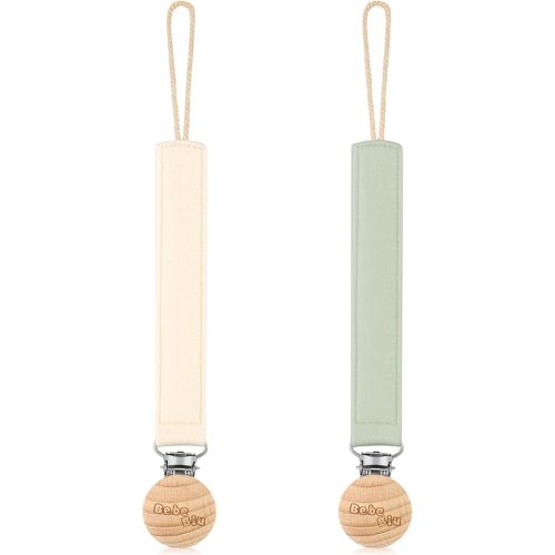Baby Pacifier Clip, 2 Pack Fabric Pacifier Clips, Super Soft Fabric Strap with Wooden Clip, Pacifier Clips for Baby Girl & Boy (Cream/Sage)