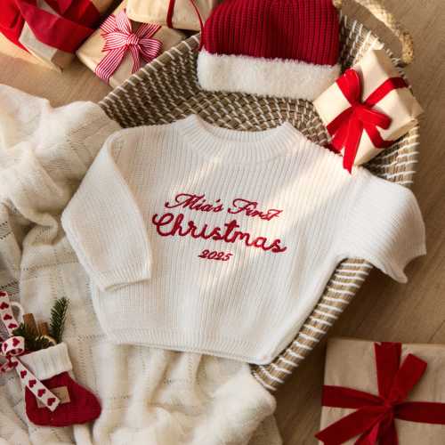 Baby’s First Christmas Sweater, Personalized Embroidered Knit Jumper, Custom Name Baby Outfit, Holiday Gift for Newborn, 2026 Christmas Gift