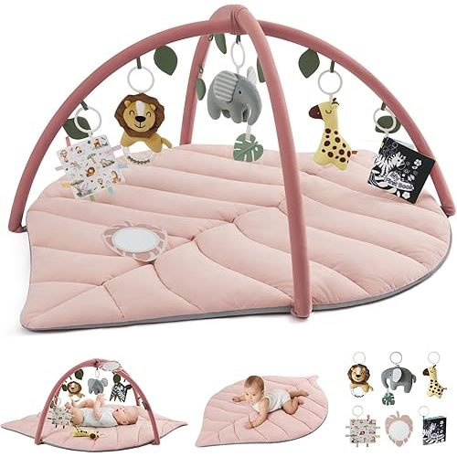 Blissful Diary Baby Play Gym & Activity Mat, Oversize Leaf Shaped Tummy Time Baby Play Mat w 6 Detachable Toys Promotes Motor Skills & Sensory Development, Newborn Infant Essentials Gift, Crystal Pink