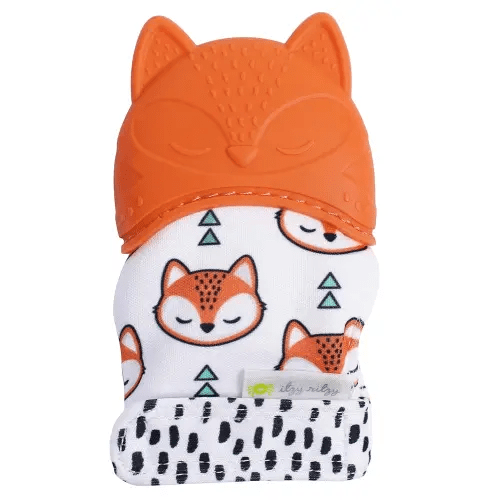 Itzy Ritzy Silicone Teething Mitt - Soothing Infant Teething Mitten with Adjustable Strap, Crinkle Sound & Textured Silicone to Soothe Sore & Swollen Gums - For Ages 3 Months & Up (Fox)