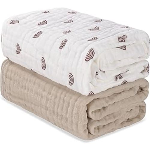 Muslin Baby Blankets Neutral,Soft Cotton Receiving Blanket, Swaddle Blankets for Boys Girls ，Breathable Bed Blanket,Perfect for Shower Gift(Rainbow Beige 2 Pack)