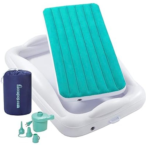 hiccapop Inflatable Toddler Travel Bed with Safety Bumpers [4-Sided] | Portable Toddler Bed for Kids | Toddler Air Mattress | Kids Air Mattress - Teal Blue