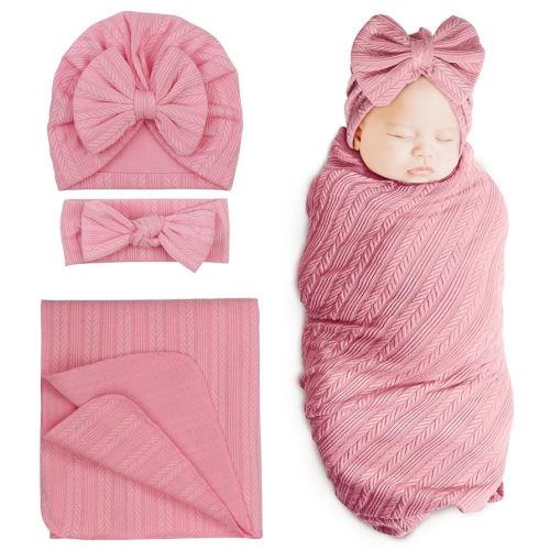 DRESHOW BQUBO Newborn Receiving Blanket Toddler Warm for Girls with Bow Hat and Bow Headband Shower Gift