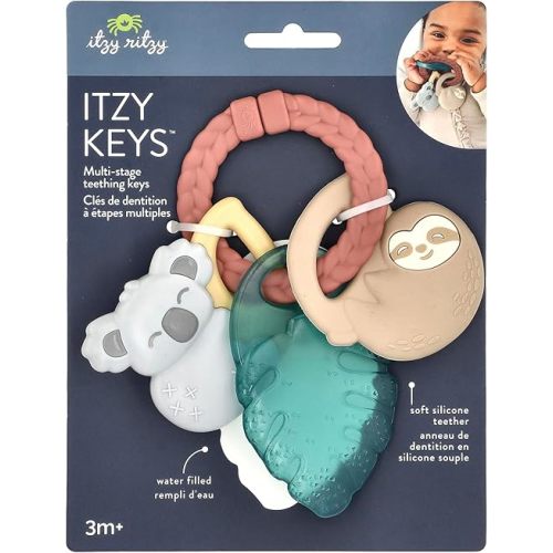 Itzy Ritzy Teething Keys Baby Teether Toy - Features a Braided Texture Ring & Keys, Includes a Water-Filled Leaf-Shaped Teether & Silicone Sloth & Koala Teething Toys, Ideal for Ages 3 Months & Up