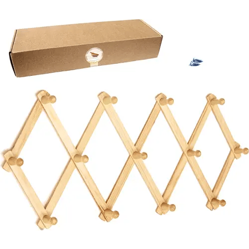 AMAPON Accordion Style Expandable Wall Wooden Coat Rack 13 Hooks (Pegs) Hang Hats Jackets Coffee Mug Purses Necklaces Towels Cap Leash Scarves Data Line Kitchenware