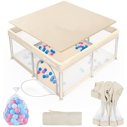 Foldable Baby Playpen for Babies and Toddlers, 50x50 Inch Portable Play Yard, Collapsible Play Pen with Mat, Visible Mesh, 50 Ocean Balls, Indoor/Outdoor Baby Fence Activity Center for Home