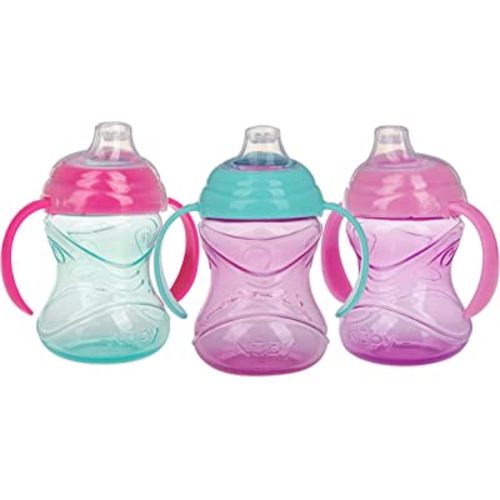 Nuby 3 Piece No-Spill Grip N’ Sip Cup with Silicone Soft Flex Spout, 2 Handle with Clik It Lock Feature, Girl,10 Ounce