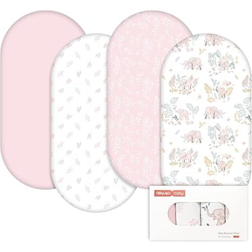 Gllquen Baby Bassinet Sheets 4 Pack, Breathable Cozy Fitted Mattress Sheet, Elastic Travel Crib Fashionable Pattern, Standard Cradle Safe Sheets for Baby Boys Girls 32"x16"(Line-Talk Elephant)