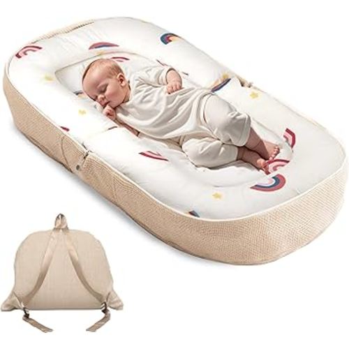 Baby Lounger, Foldable Infant Nest Pillow with Memory Foam Mat, Patterned Cover, Converts to Backpack, 0-12 Months