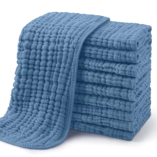 Yoofoss Muslin Burp Cloths for Baby 10 Pack 100% Organic Cotton Baby Washcloths for Boys Girls Large 20''X10'' Super Soft and Absorbent Apricot,Denim Blue