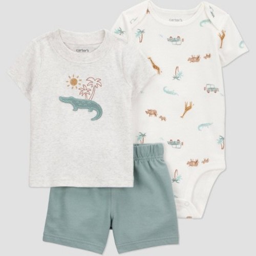Carter's Just One You® Baby Boys' Safari Top & Bottom Set - Green 3M: Dinosaur Pattern, Cotton Blend, Elastic Waistband, 3-Piece Set